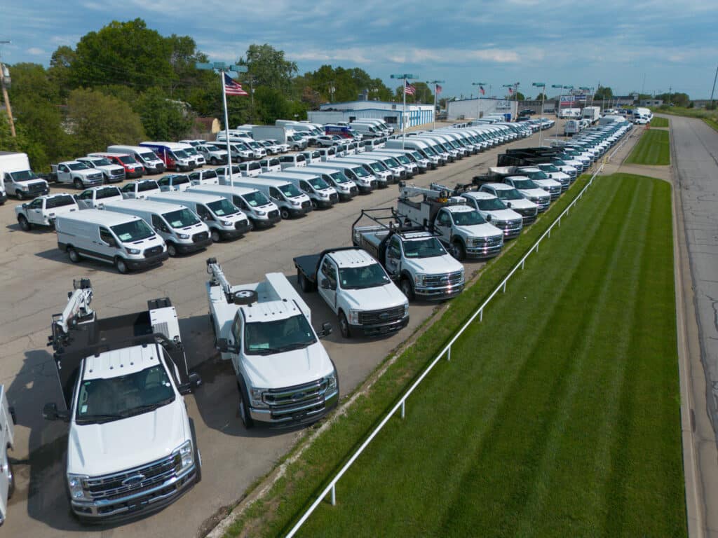 Parking lot of trucks and vans